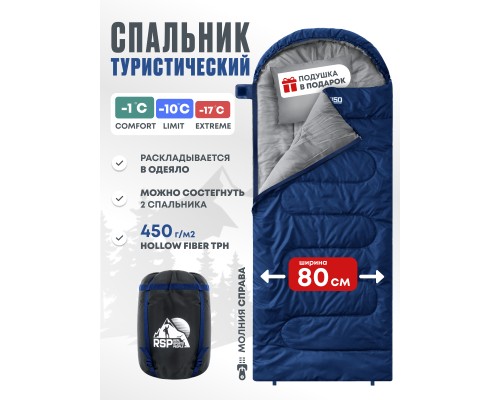 Спальный мешок RSP Sleep 450 R RipStop 2024 (синий, 220*75см, молния справа)