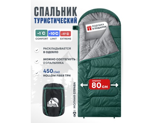 Спальный мешок RSP Sleep 450 R RipStop 2024 (зелёный, 220*75см, молния справа)