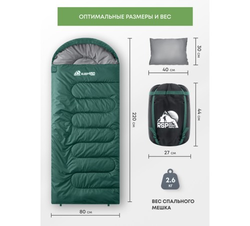 Спальный мешок RSP Sleep 450 R RipStop 2024 (зелёный, 220*75см, молния справа) купить в Минске или с доставкой по Беларуси